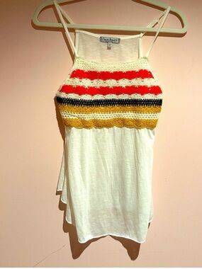 Blu Pepper White Crochet-Trim Halter Tank Top - White with Red/Yellow Stripes